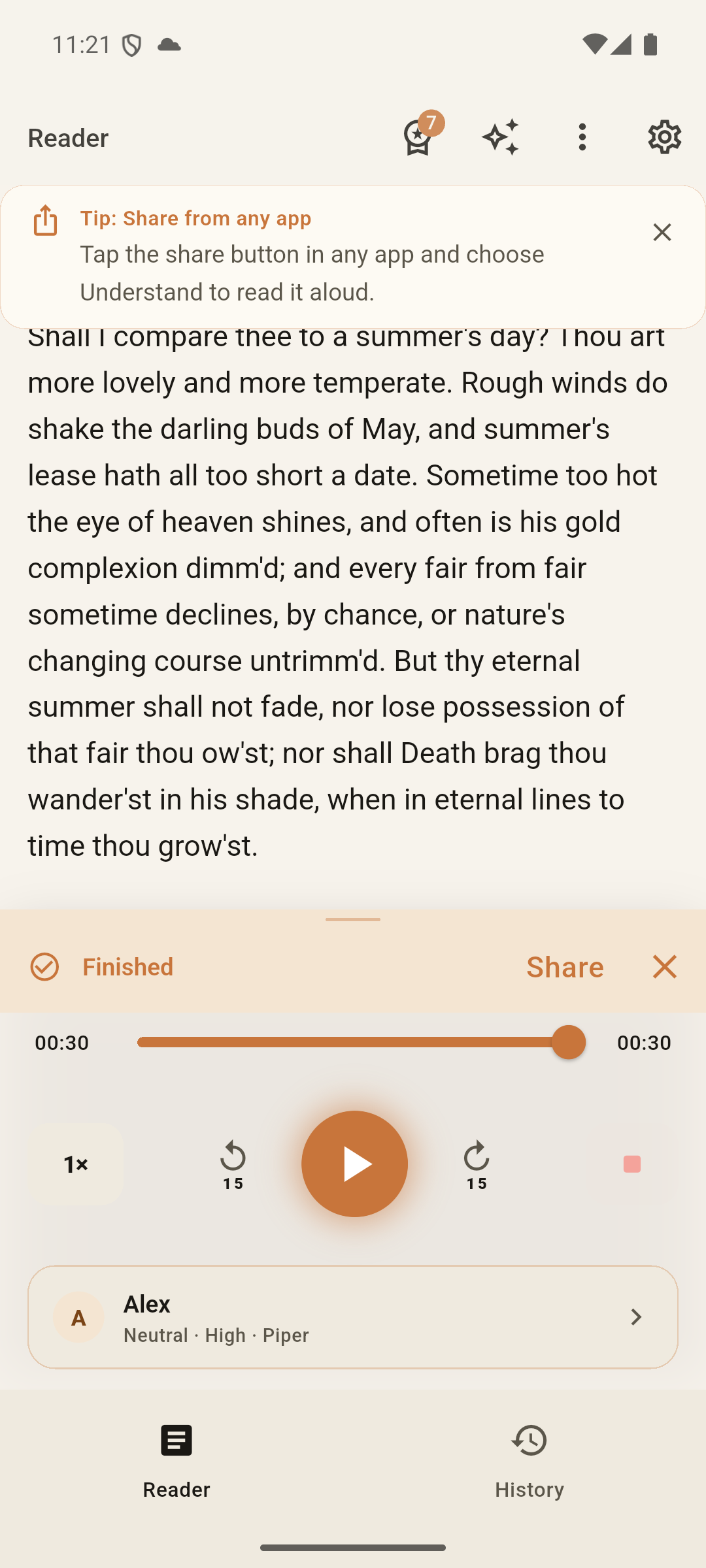 Reader screen from the real Understand Play Store testing build, showing shared text and text-to-speech playback controls.